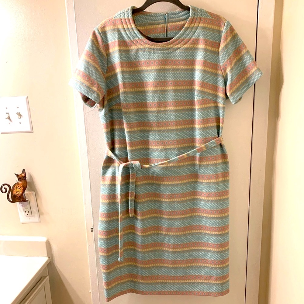 Vintage Mint and Peach Striped Belted Short-Sleeve Dress